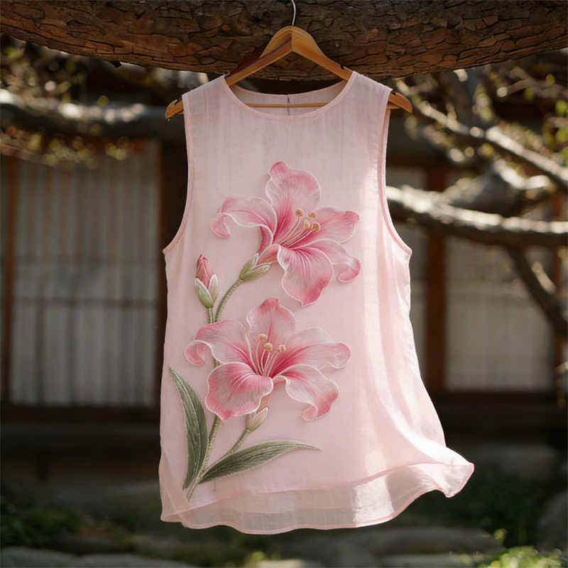 Pink Lily Flowers Flowy Linen Tank Top wearshes
