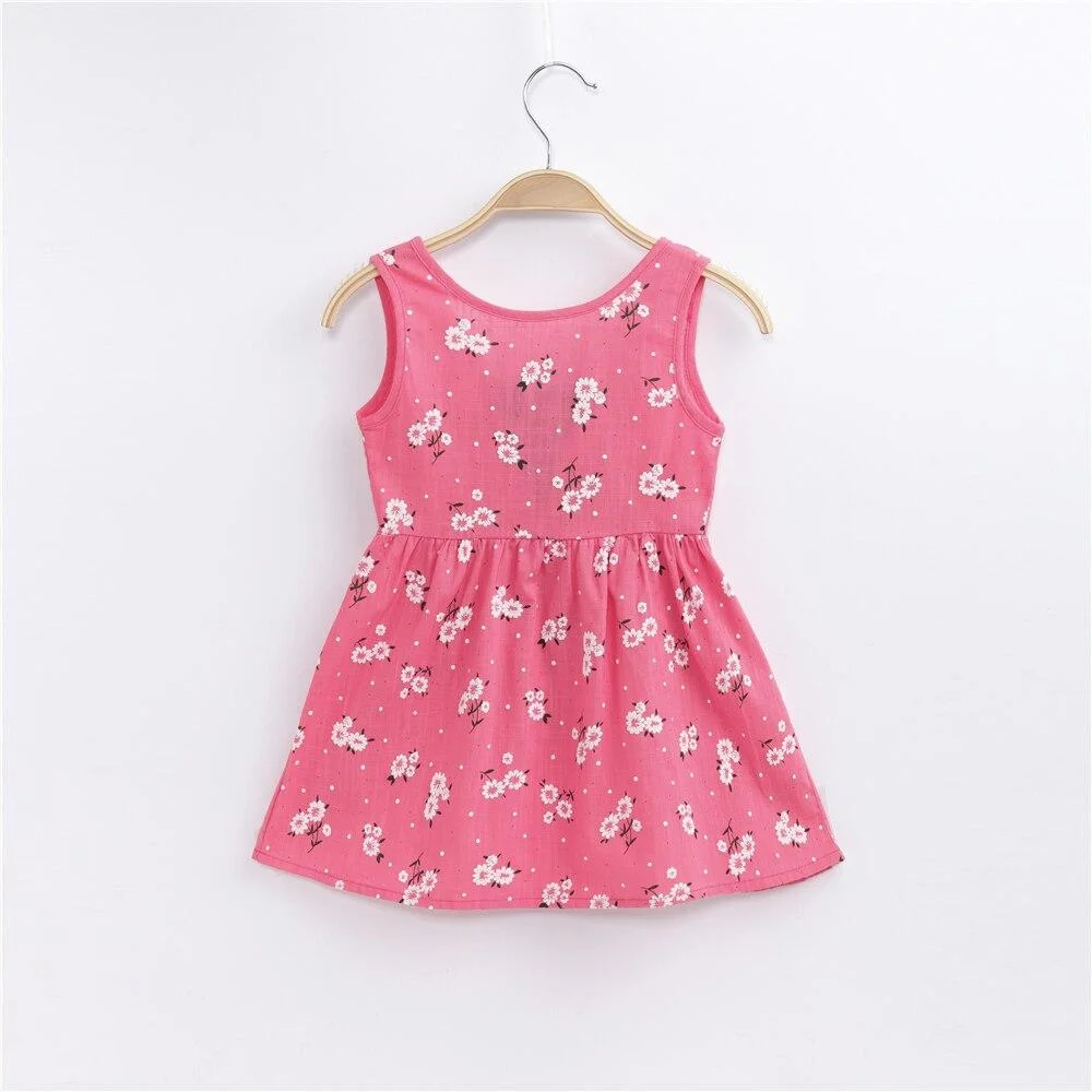 Kids Dress Summer Girl Flower Print Bowknot Back Straps Princess Dress Children Sleeveless Cotton Dresses Baby Girls Clothes