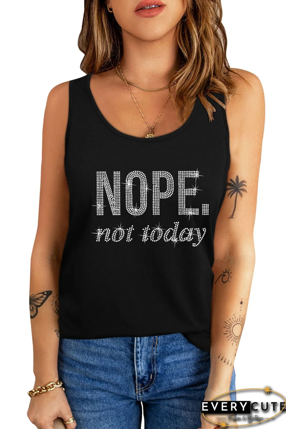 Black NOPE Not Today Pattern Print Racerback Tank Top