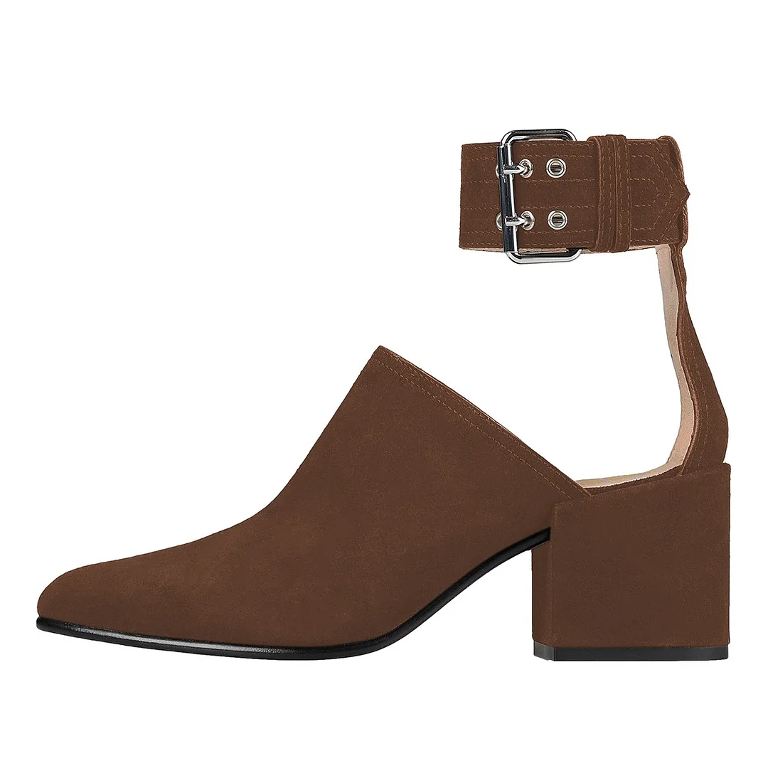 Women's Brown Almond Toe Block Heel Ankle Strap Pumps Shoes with Buckle