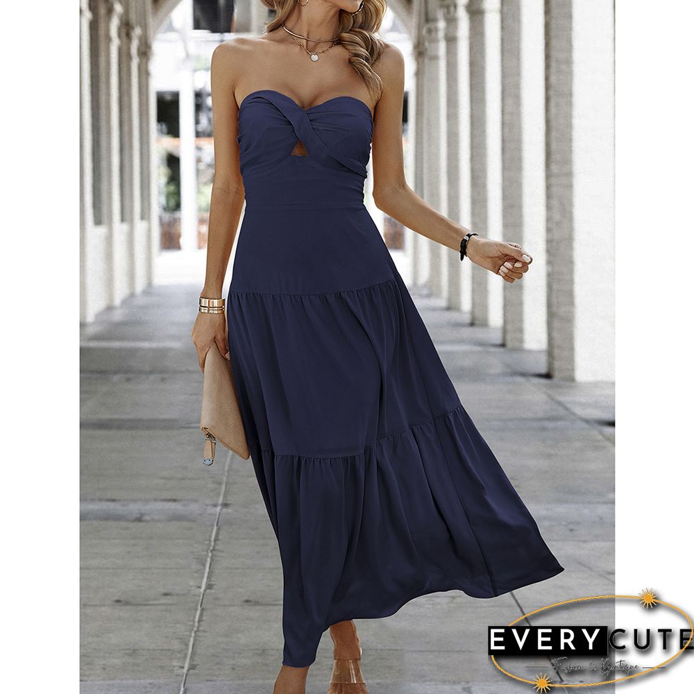 Navy Blue Twisted Bandeau Ruched Swing Maxi Dress