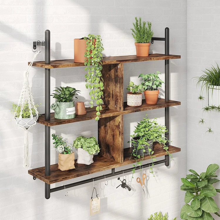 Bestier 41.5" Floating Pipe Shelving, 3 Tier Industrial Wall-Mounted Ladder Shelf
