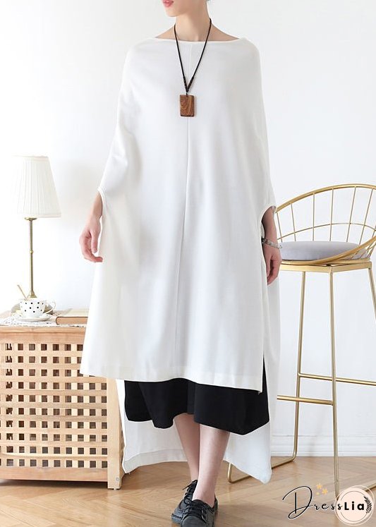 Italian White Slash neck Asymmetrical Cotton Long Dress Batwing Sleeve