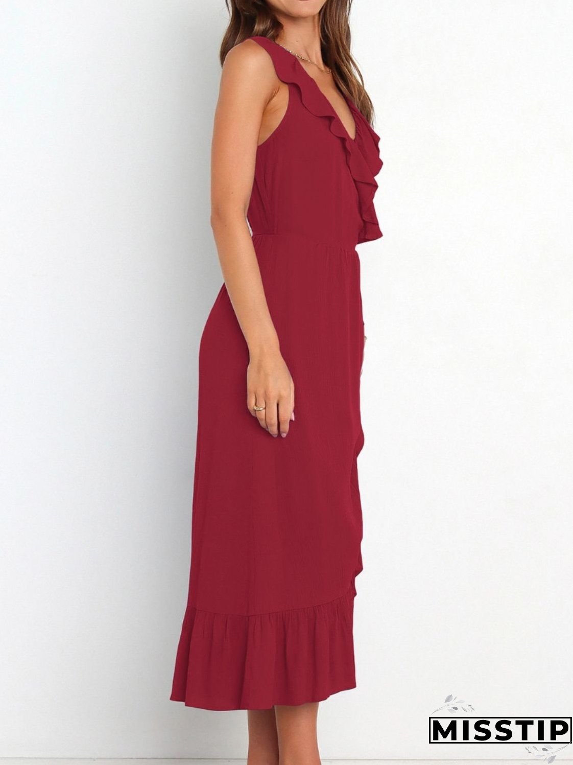 Ruffled Surplice Sleeveless Midi Dress