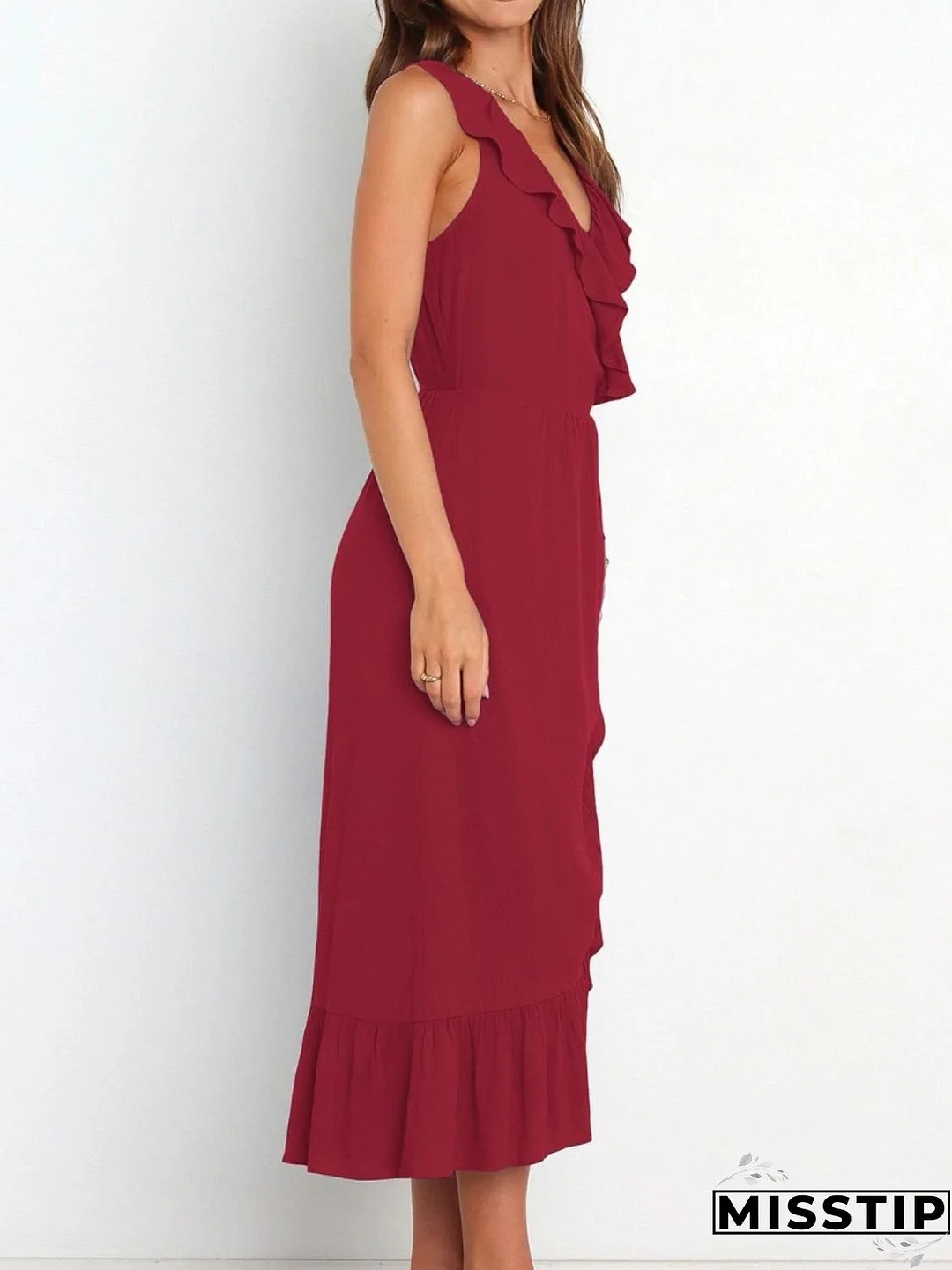 Ruffled Surplice Sleeveless Midi Dress