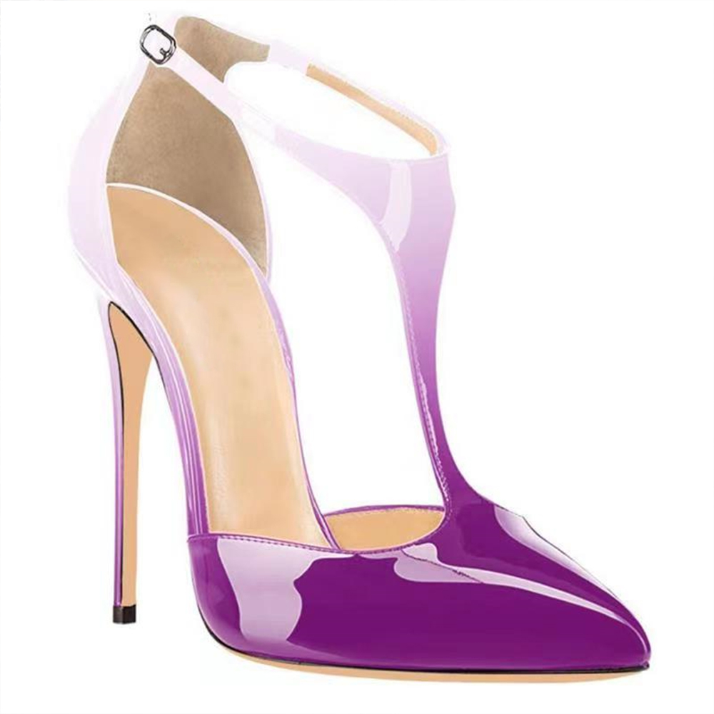120mm Womens T-Strap Pumps High Heels White Purple Patent Pumps-vocosishoes