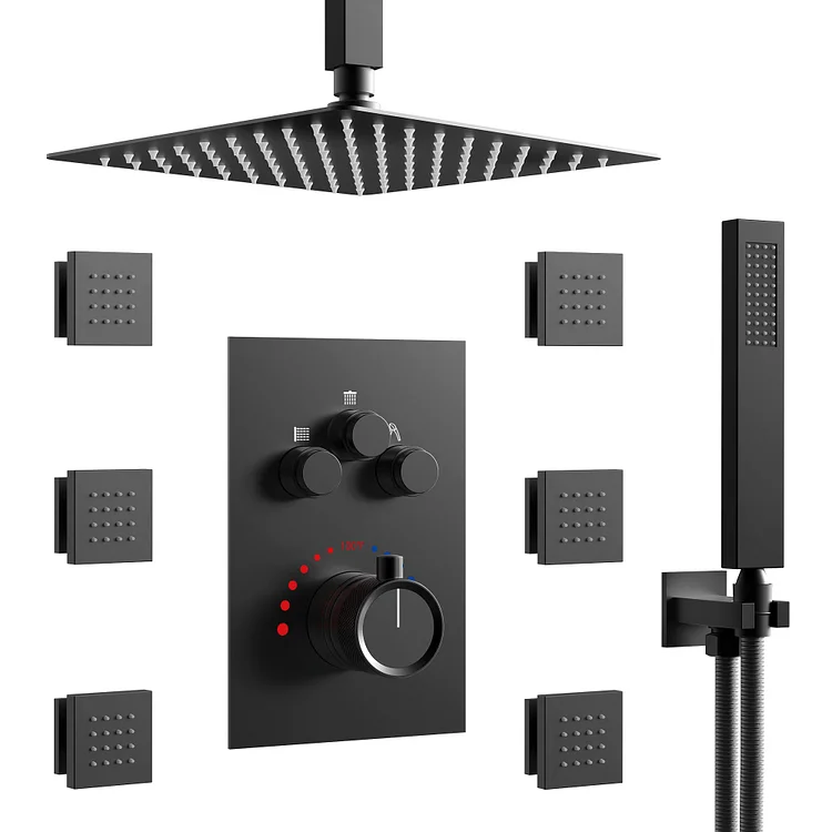 EVERSTEIN 12" Thermostatic Ceiling-Mounted Rainfall Shower System Matte Black 