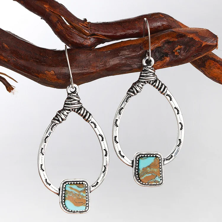 Vintage Earrings Boho Turquoise Ethnic Jewelry Western Cowgirl Engraving Hoop Earring