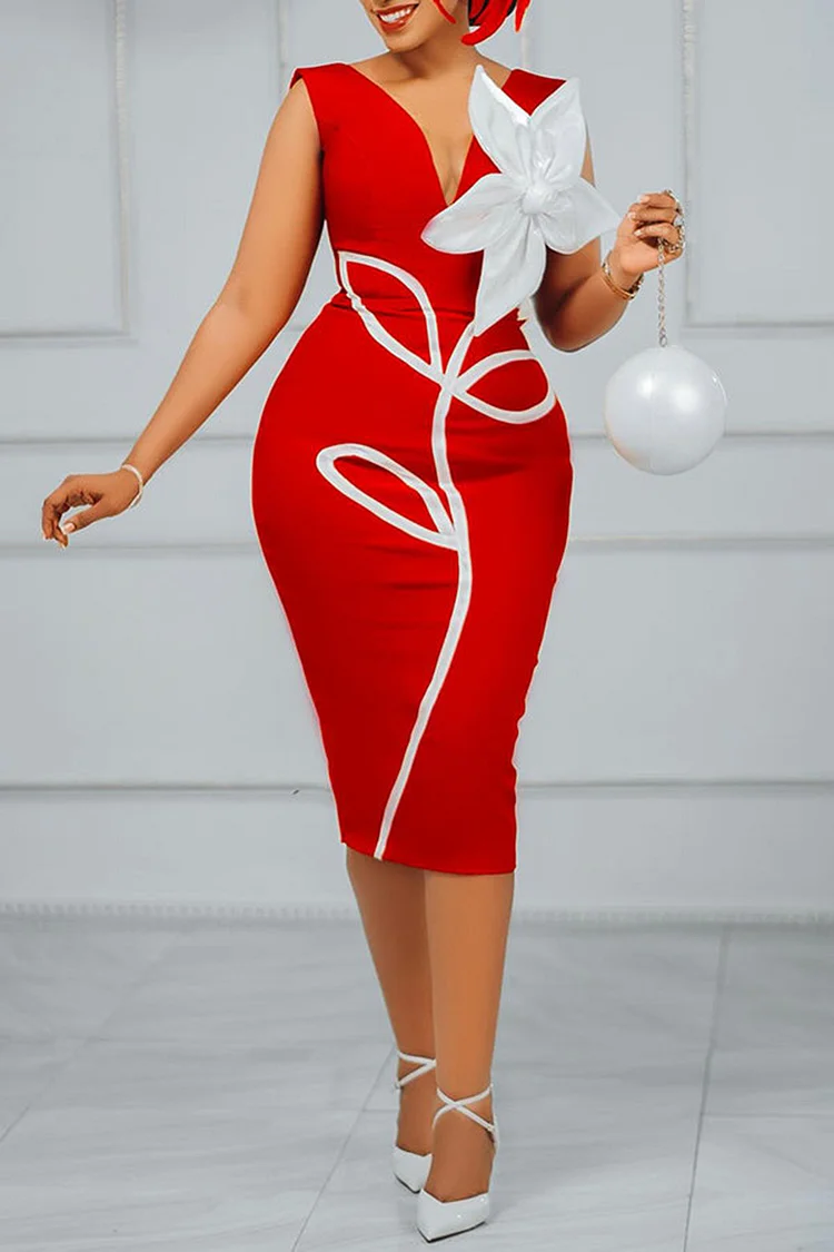 Plus Size Cocktail Party Red Elegant Round Neck 3D Bodycon Midi Dresses 2024 - Xpluswear
