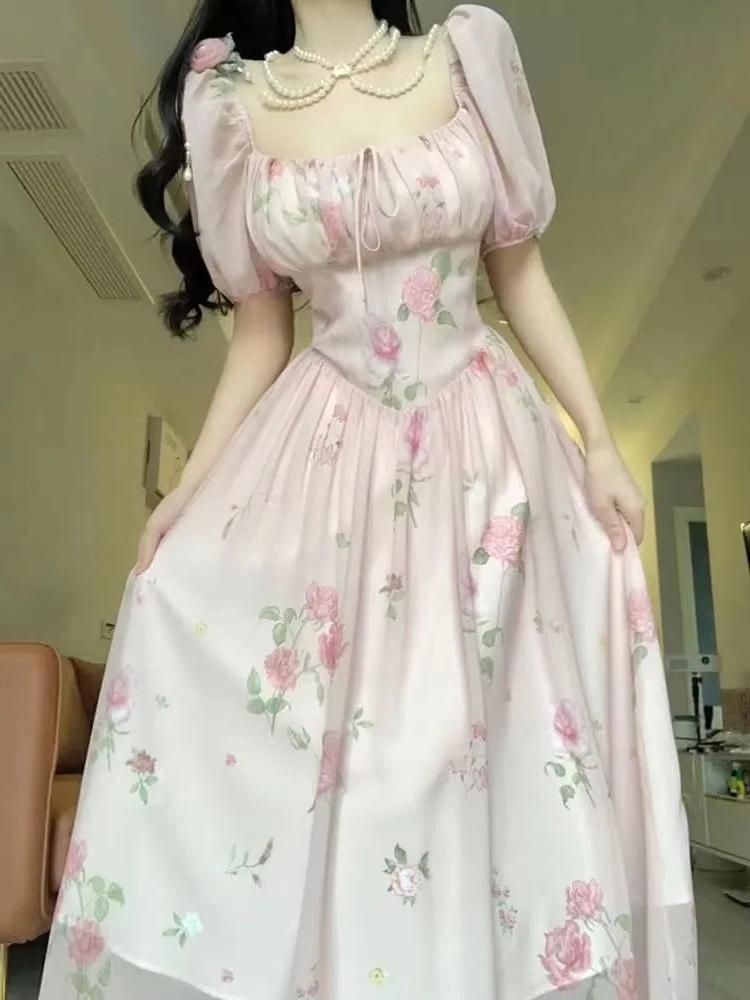 Aiertu - Powdered Matcha and Rose Tea Frappe Pink Dress Kawaii Academia Y2K Cottagecore Coquette Fairycore Dollette Princesscore Aiertu
