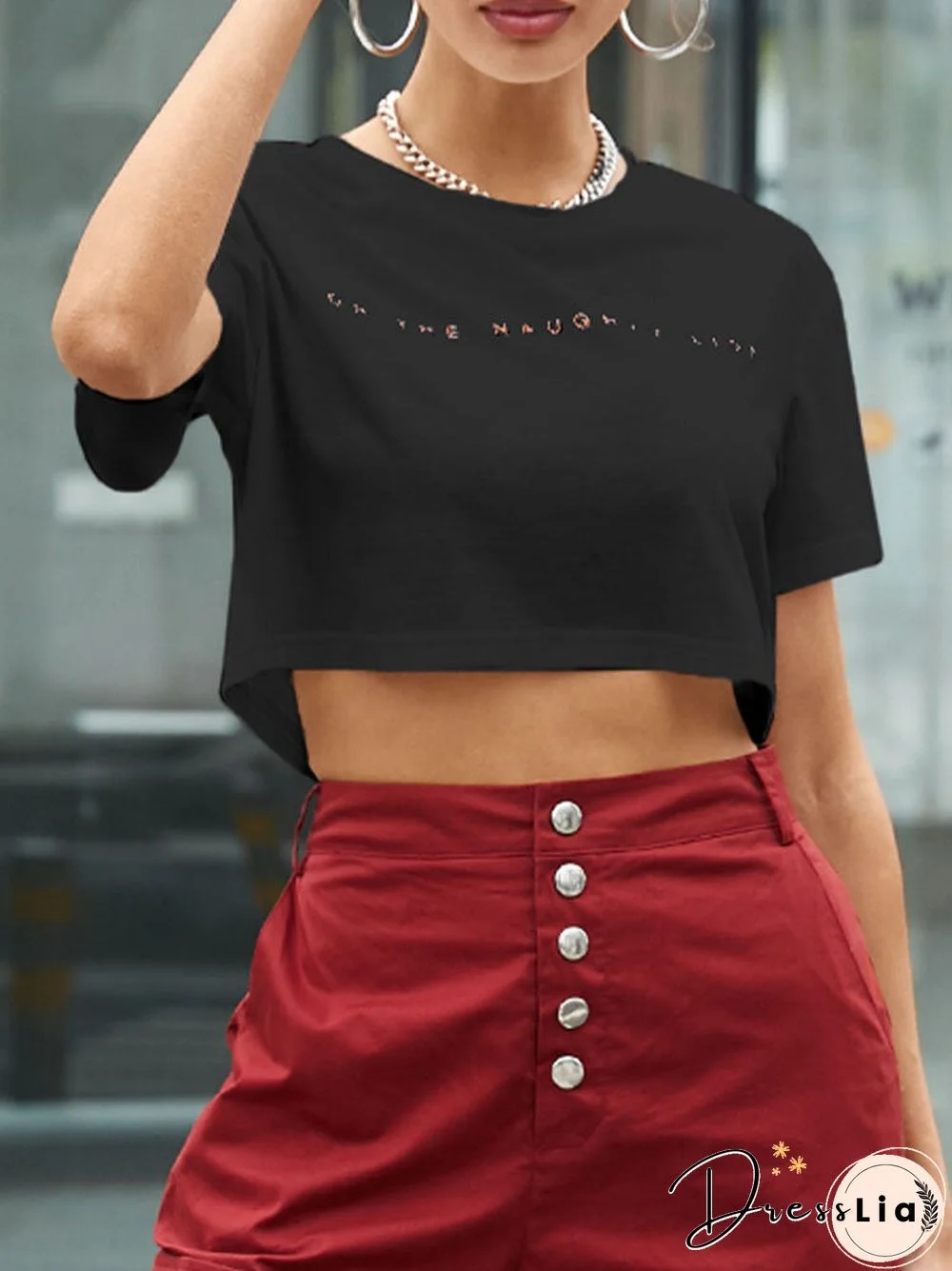 Letters Print O-neck Short Sleeve Casual Crop Top for Women