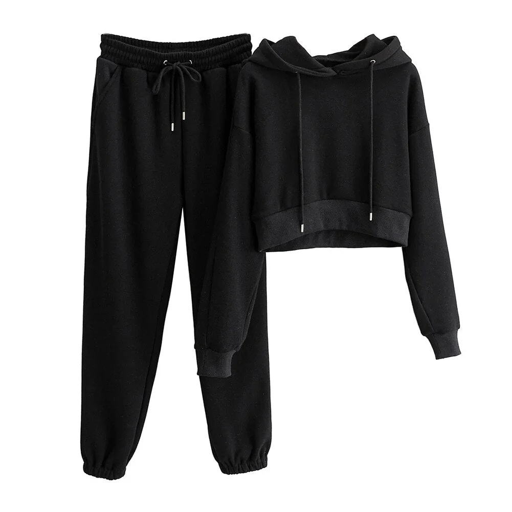 Casual two piece set with hood solid color short tops and long pants loose 2 piece set women fashion sexy sport female tracksuit