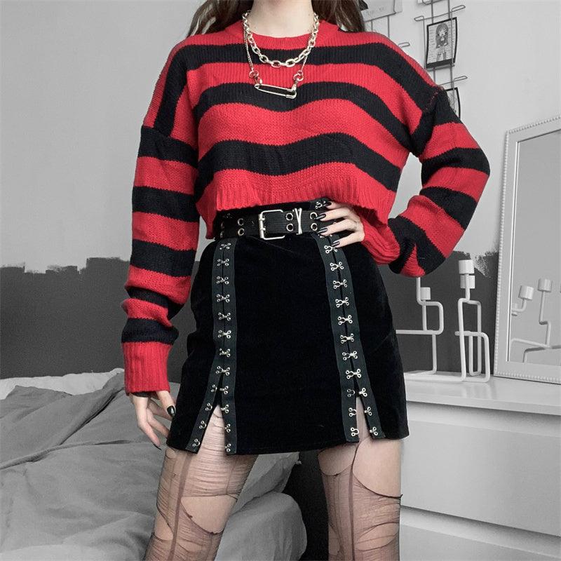 Red and Black Striped Sweater - GothBB 2022 free shipping available