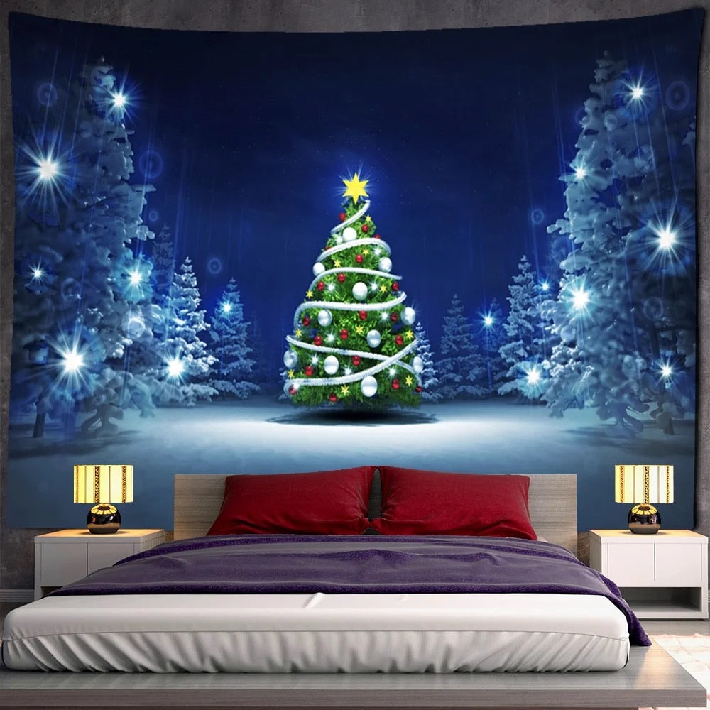 Night View Christmas Tree Tapestry Wall Hanging Holiday New Year Gift Dormitory Background Cloth Bed Curtain Home Decor