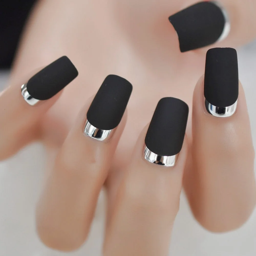 24Pcs Medium Coffin Ballerina Black Chrome Edge Nail Tips Wholesale Full Cover Nails Gels Nails Artificial False Nail
