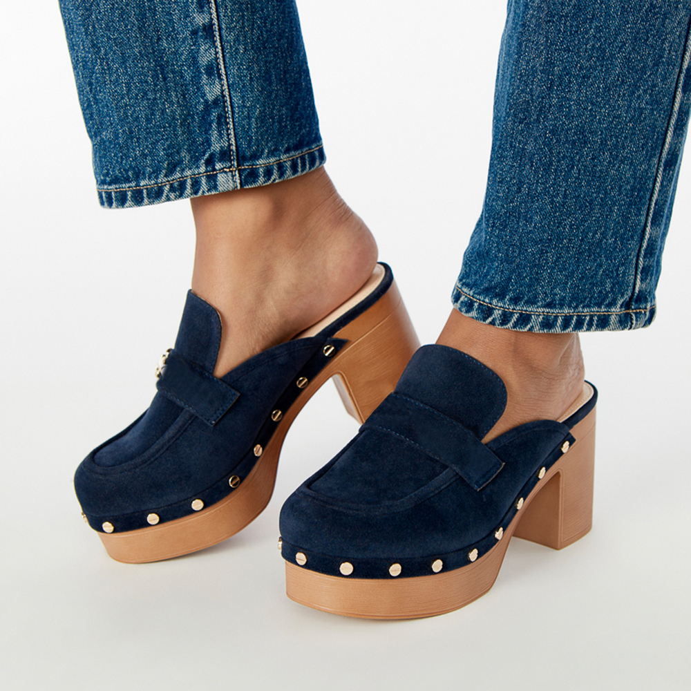 Navy Vegan Suede Round Toe 3'' Chunky Heel Platform Mule Loafers Nicepairs