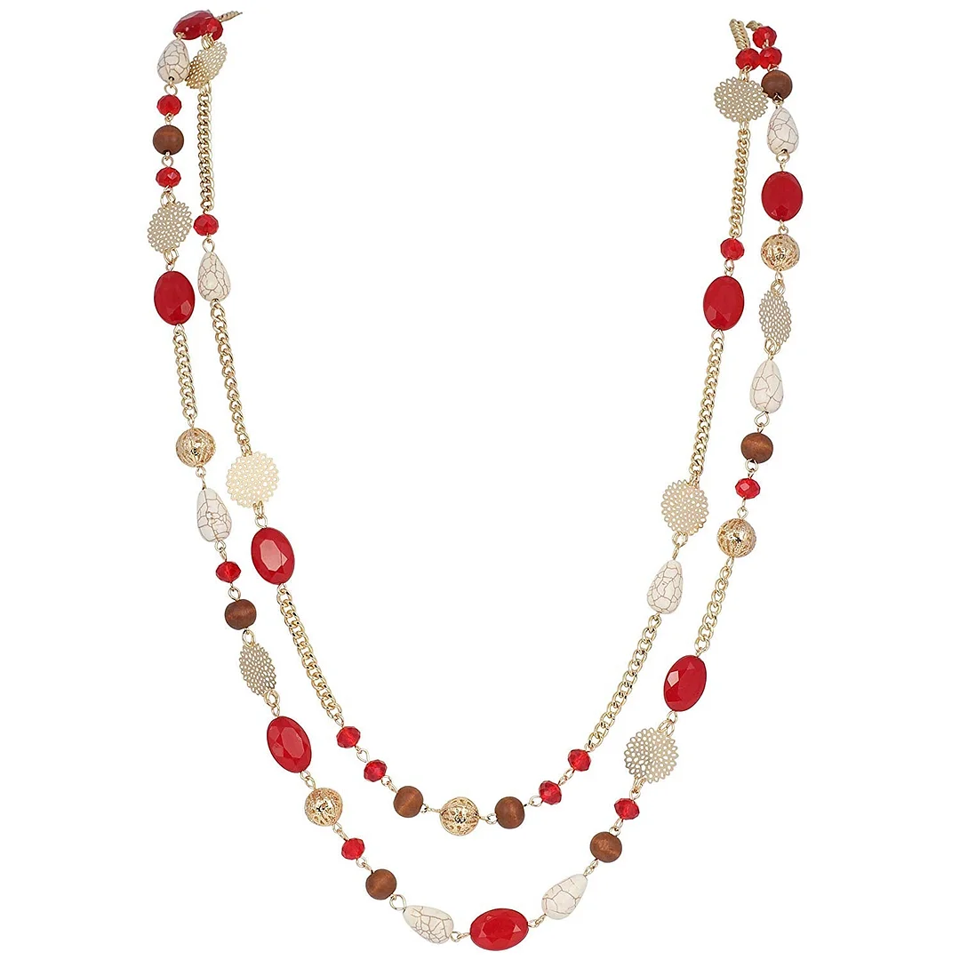 14K Gold Plated Link Chain 2 Layer Crystal Wood Acrylic Colorful Women Party Long Necklace Gift