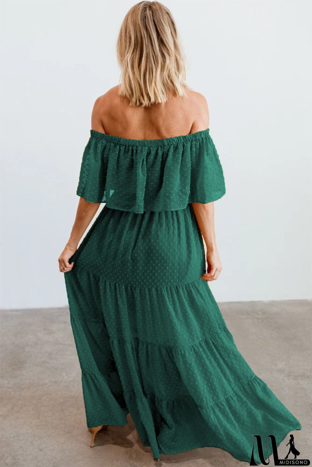 MidiSono - Rust Red Off Shoulder Ruffle Swiss Dot Maxi Dress