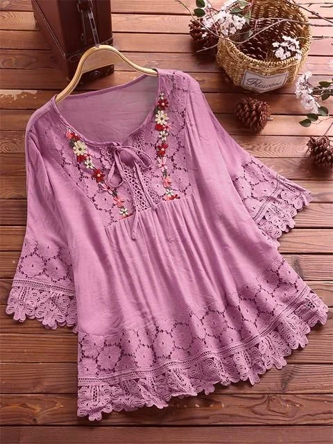 Uveng Cotton Linen Stitching Lace Elegant Solid Color V-neck Loose Women's Top