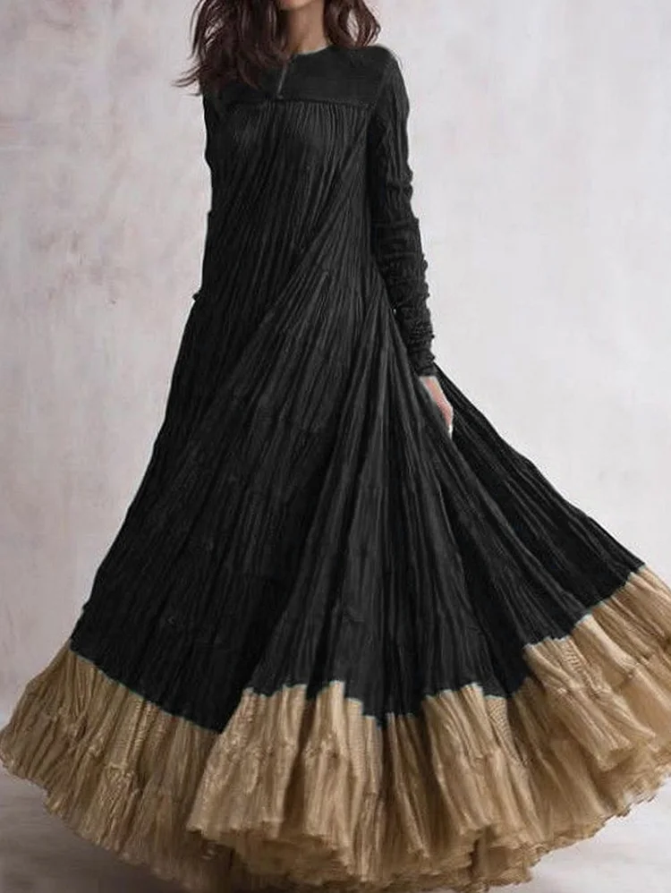 Daily Long Sleeve Pleated Patchwork Layered Swing Maxi Dress