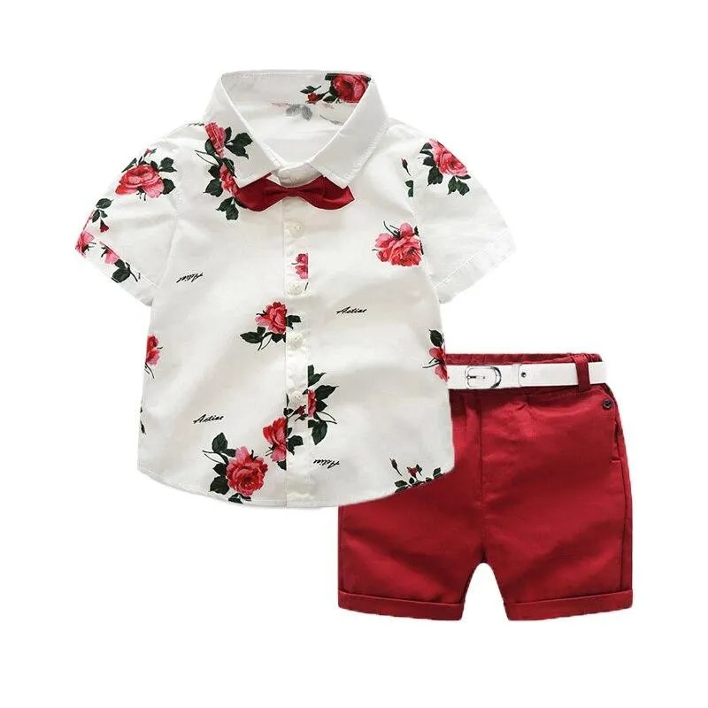 2019 Brand New 1-7Y Toddler Kid Baby Boy Gentleman Clothes 2PCS Sets Short Sleeve Single Breasted Bow Shirts+Sash Shorts Bottoms