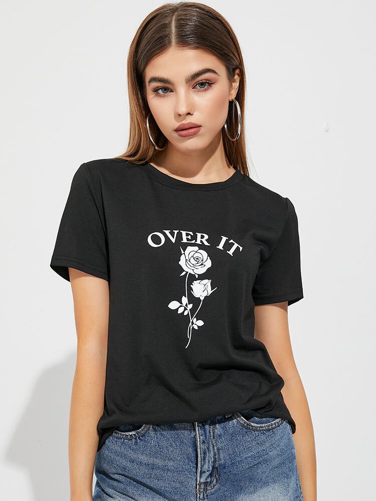 Rose Letters Graphic Short Sleeve Crew Neck T-shirt - Shop Trendy Women's Clothing | LoverChic