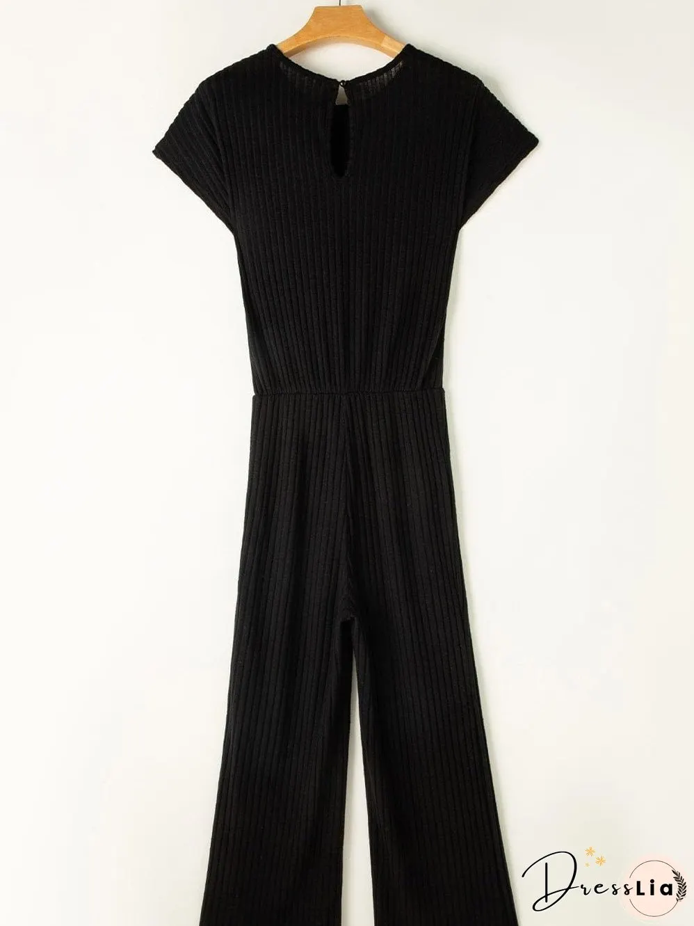 Chic Black Ribbed Wide Leg Jumpsuit with Short Sleeves