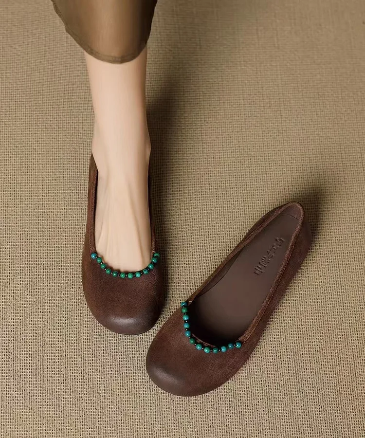 Comfy Beading Splicing Flat Feet Shoes Brown Suede