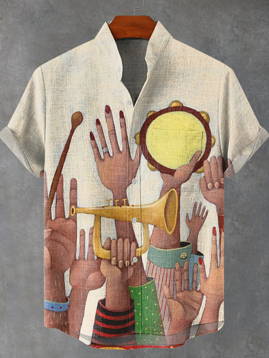 Vintage Abstract Hands Holding Musical Instruments Illustration Art Print Casual 100% Cotton Shirt