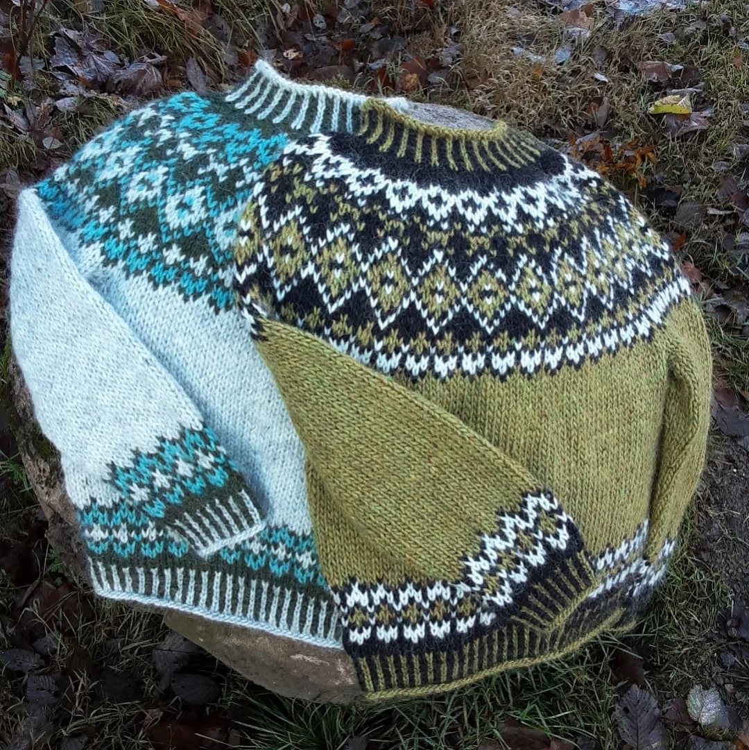 Vintage Strikkem&oslash;nster Warmth Knit Jacquard Icelandic Crew Neck Sweater（Unisex ）