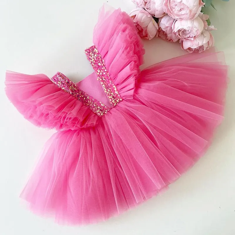 Summer Girl Dress Birthday Party Princess Dress Baby Kids Clothes Children Sequins Gown Tutu Tulle Flower Girl Wedding Dresses