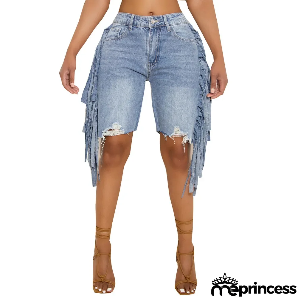 Summer Denim Stretch Pants Tassel Denim Stretch Knee-Length Shorts