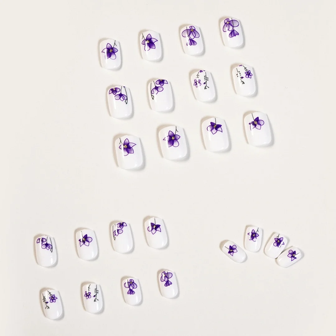 24pcs Flowers Pattern Short Fake Nails Full cover Fake Nails Glue DIY Manicure Nail Art Tools-Nail Inspo