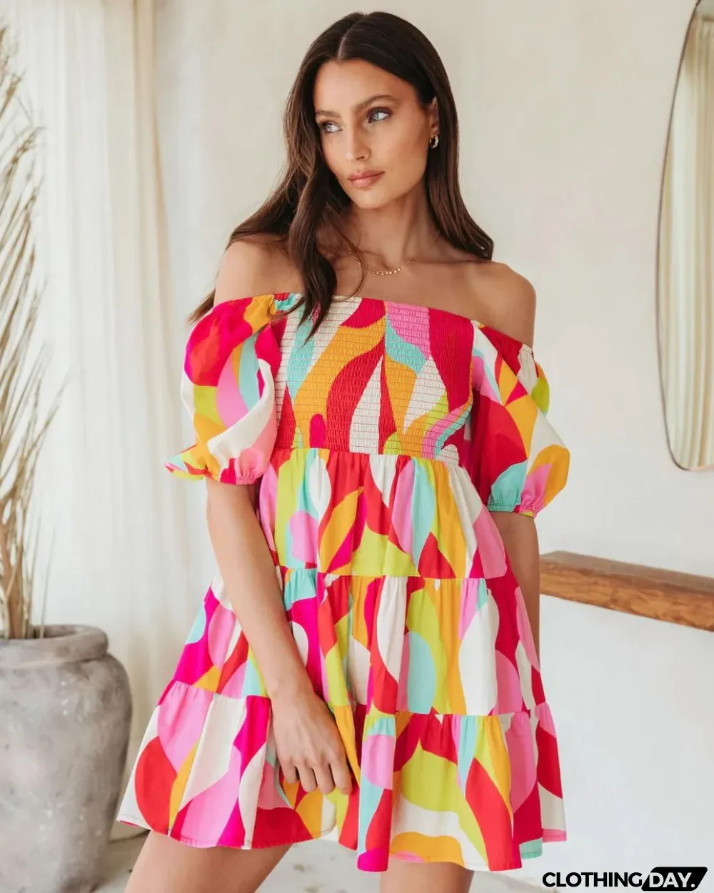 Off Shoulder Pullover Geometric Pattern Ladies Sweet Loose Short Sleeve Dress