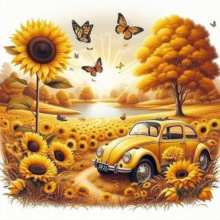 Sunflower Garden Car 30*30CM (Canvas) Full Round Drill Diamond Painting gbfke