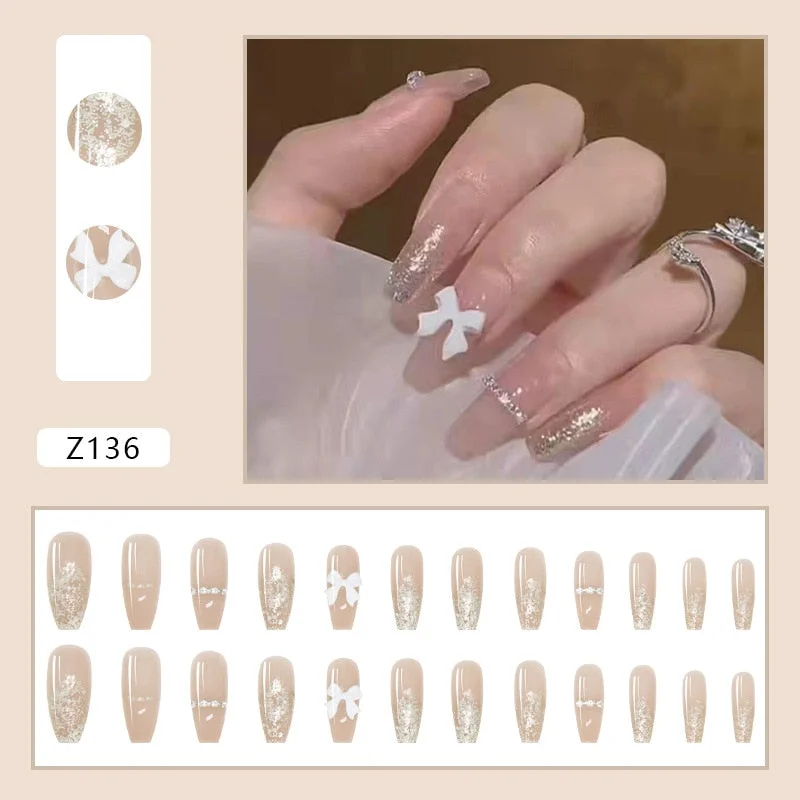 French Ins Style Fake nails with White Bow Design Shiny Coffin Ballerina Girl Artificial Nails False Nail Patch with Glue 24PCS