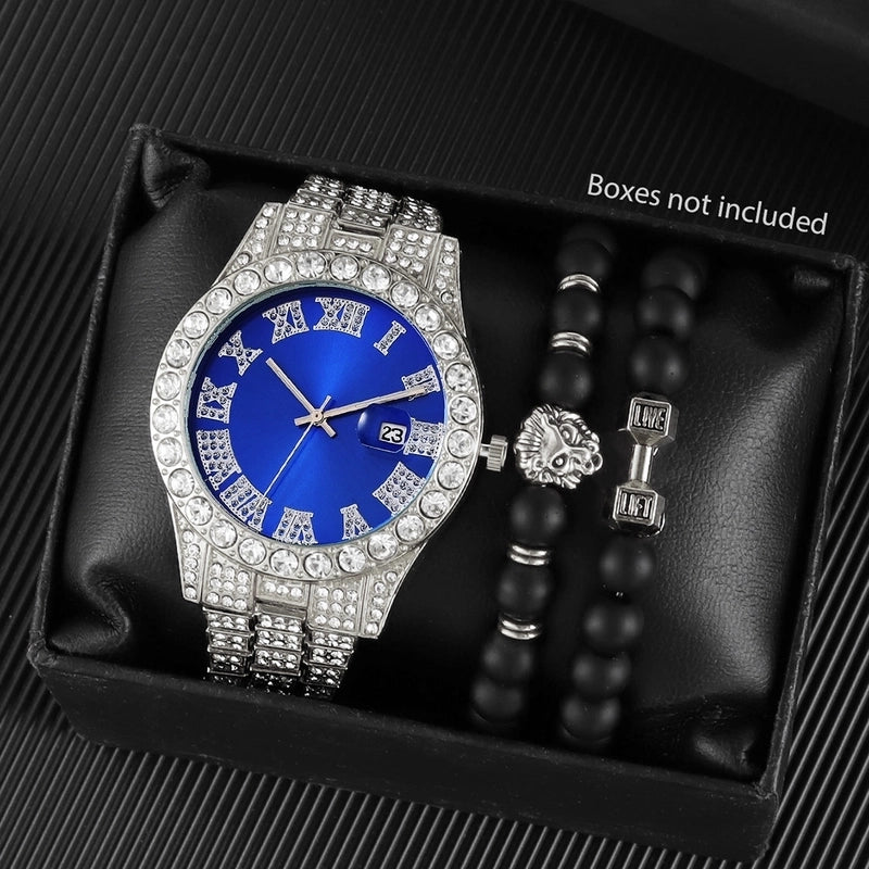 Light Luxury Men’s Business Rhinestone Calendar Watch, Colored Noodles And Bracelet Lion’s Head 3 Pieces