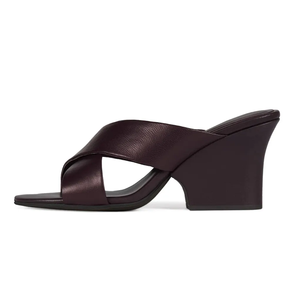 Elegant Maroon Open Toe Block Heel Cross Strap Mule Shoes for Women
