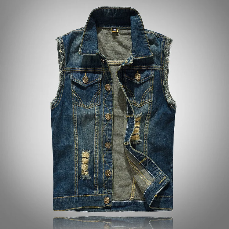 Casual Blue Distressed Brushed Motorcycle Single-Breasted Vest