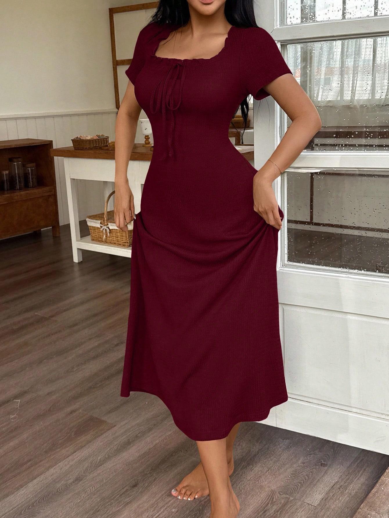 Women's Casual Solid Color Jacquard Gathered Ruffle Trim Square Neck Maxi Loungewear Dress Brown Dress Lounge Dress Summer Dress Tie Front Dress Midi Dress