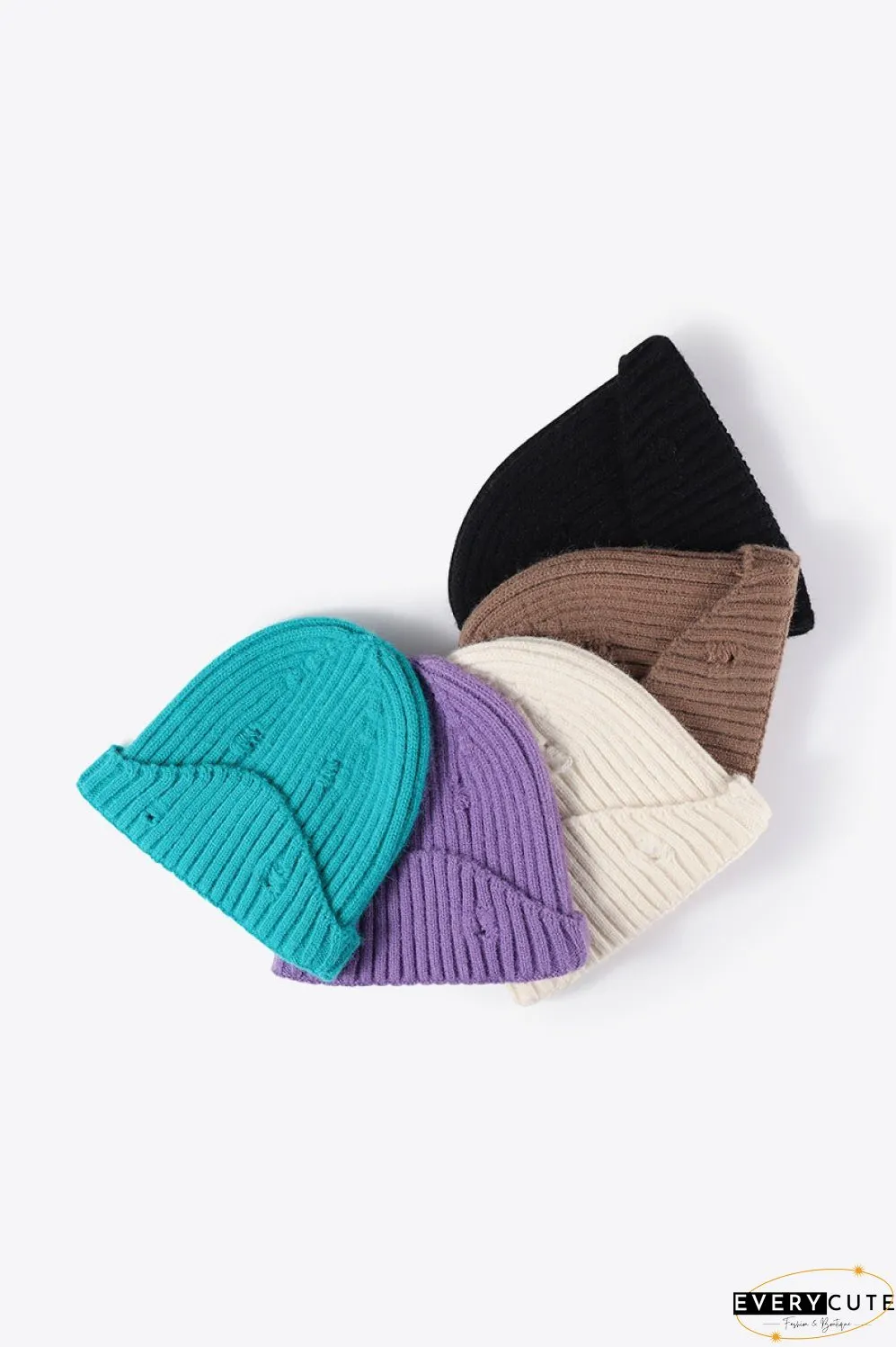 Distressed Rib-Knit Beanie