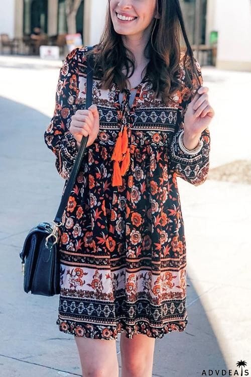 Floral Print Tassels Lace Up Long Sleeve Mini Dress