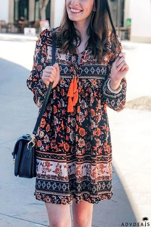 Floral Print Tassels Lace Up Long Sleeve Mini Dress
