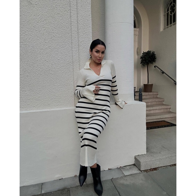 Ootddress White High Waist Knitwear Dress Fashion Women Rib Lapel Autumn 2025 Slim Elegant Long Dress Casual Knit Solid Party Dress