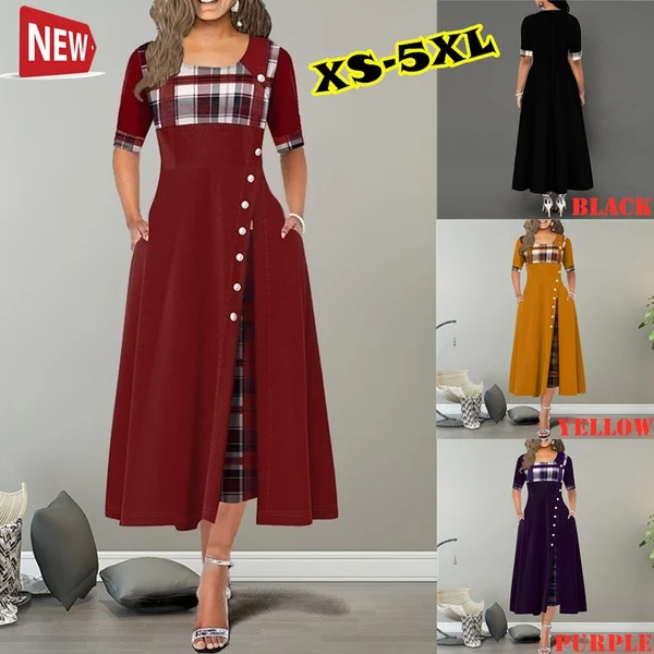 Women's Fashion Half Sleeve Elegant Long Dress Plaid Print Button Detail Maxi Dress Plus Size Xs-5Xl