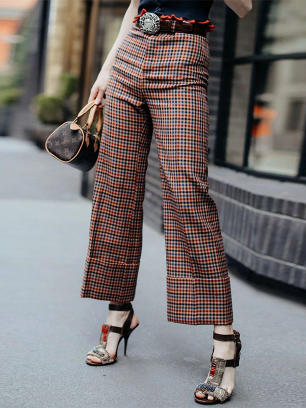 Contrast Color Plaid Column Trousers Casual Pants Bottoms