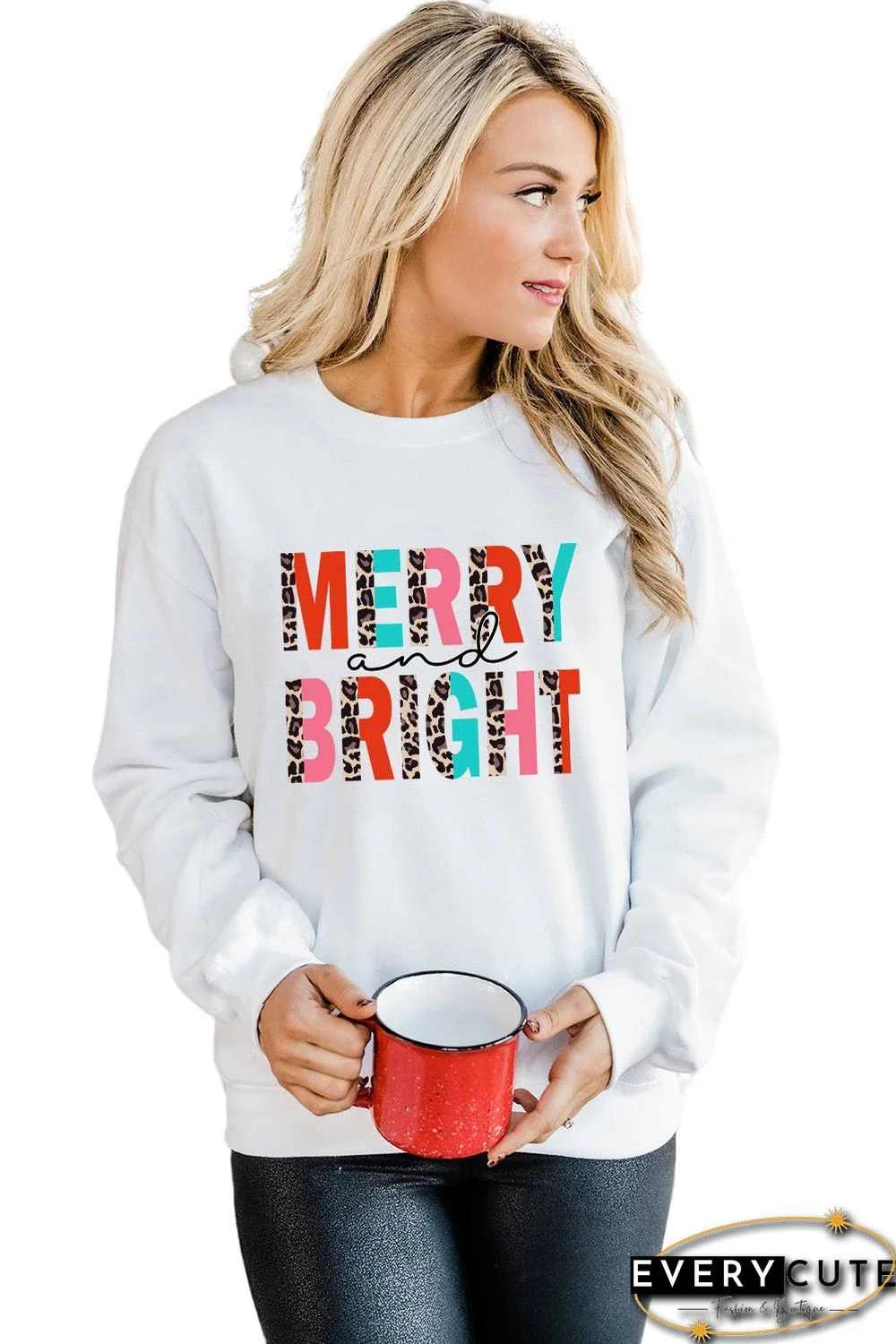 White MERRY and BRIGHT Leopard Print Pullover Sweatshirt