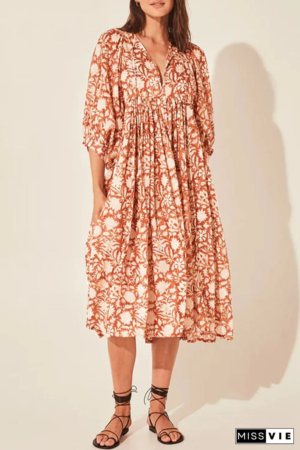 College Vacation Dress Floral Patchwork Frenulum Asymmetrical Collar Beach Dress