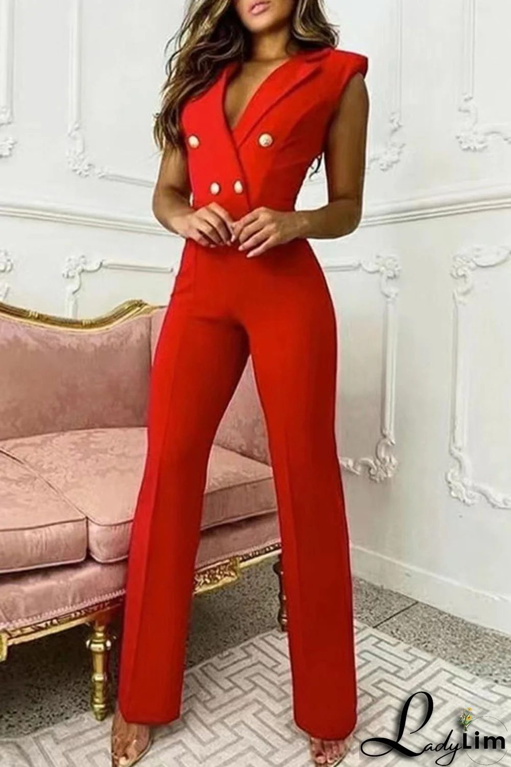 Red Fashion Casual Solid Basic V Neck Regular Jumpsuits