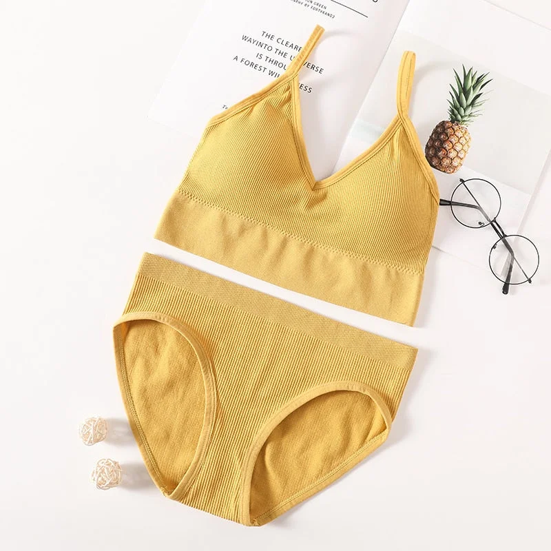 Women Bra Panties Set Seamless Bra Brief Cropped Cami Bralette Crop Top Brassieres Sexy Lingerie Active Bra Sport Underwear Set